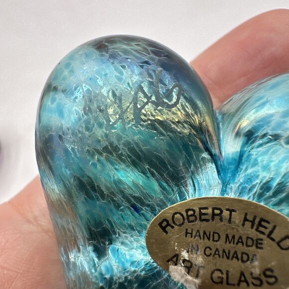 3 Robert Held Heart Glass Paperweight Teal Iridescent Lattice Grid Star Signed - Picture 5 of 11